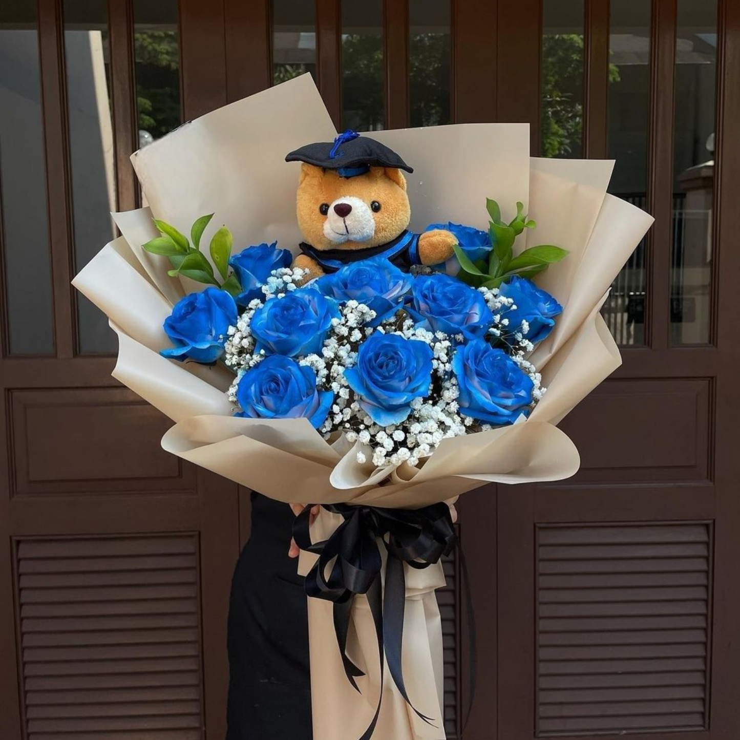 Blue Rose Graduation Teddy Bouquet