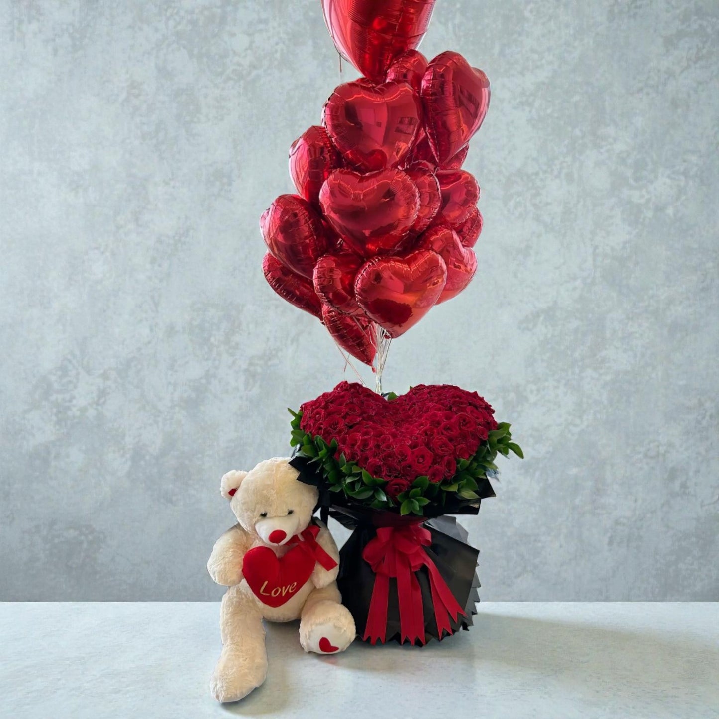 Heart-Shaped Red Rose Bouquet with Teddy