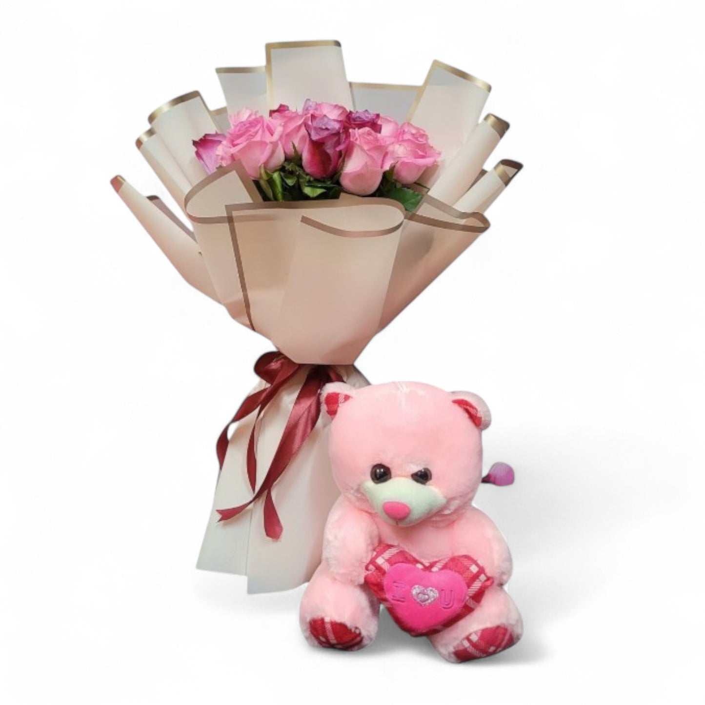 15 Pink Rose Bouquet with Teddy