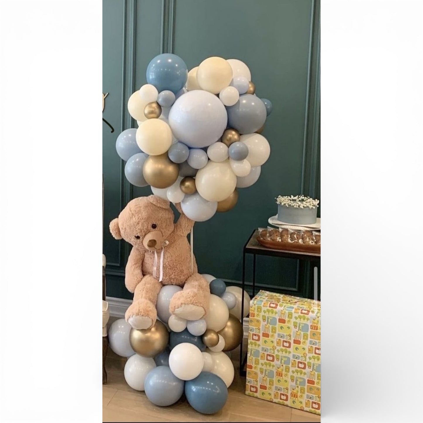 Blue & Gold Teddy Balloon Column