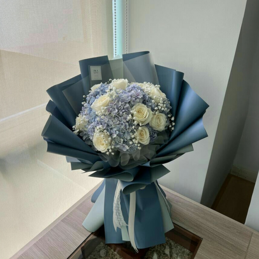 Blue Hydrangea & White Rose Statement Bouquet