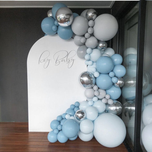 Charming Blue, Grey & Silver Balloon Arch