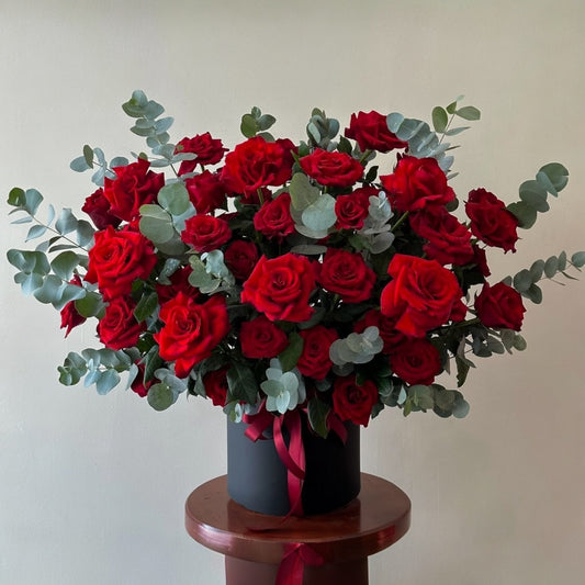 Red Roses with Eucalyptus Hatbox