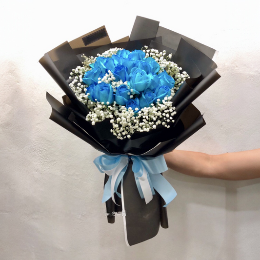 Midnight Blue Rose & Gypsophila Bouquet
