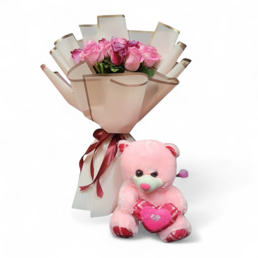 15 Pink Rose Bouquet with Teddy