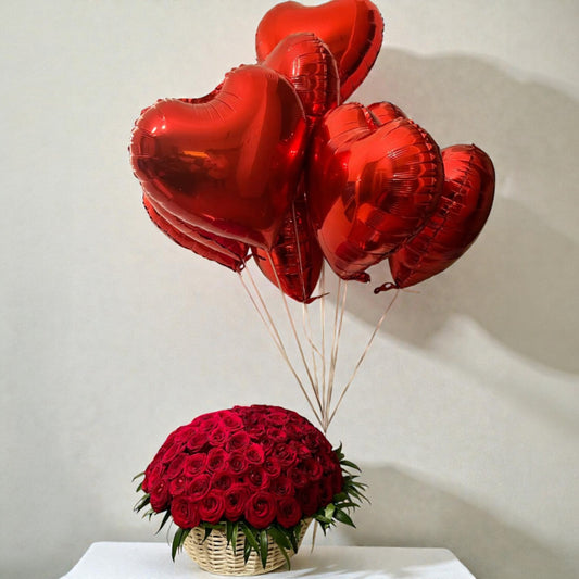Red Rose Basket with Heart Balloons