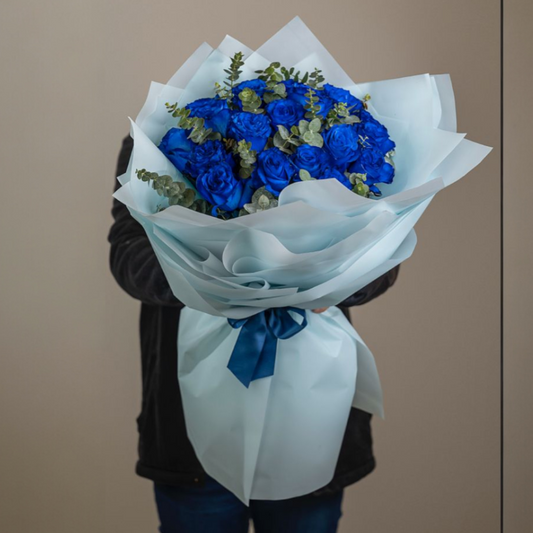 Sapphire Blue Rose & Eucalyptus Luxe Bouquet