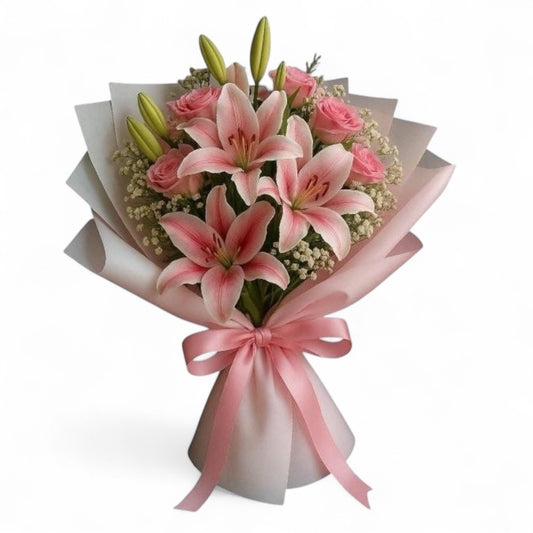 Pink Lily Bouquet with Gypsophila